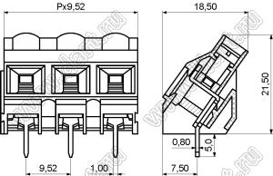 KF950S-9.52-02P-14 клеммник винтовой, однорядный, с входами проводов под углом 45 град; шаг=9,52мм; H=21,50мм; I max=30/32А; U=300/750В; 2-конт.