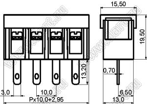 KF58H-10.0-05P-13 клеммник барьерный, выводы на провод, шаг 10.00 мм, с крышкой; шаг=10мм; I max=30/32А (стандарт UL/ICT); U=300/750В (стандарт UL/ICT); 5-конт.