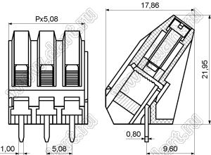 KF104-5.08-02P-14 клеммник винтовой, однорядный, с входами проводов под углом 45 град; шаг=5,08мм; H=21,95мм; I max=10/24А; U=300/250В; 2-конт.