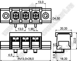 KF78RM-13.0-15P-13 (DG78R-A-15P-13) клеммник барьерный, выводы угловые в плату, корпус с монтажными ушами, с крышкой; шаг=13мм; I max=30/41А (стандарт UL/ICT); U=600/750В (стандарт UL/ICT); 15