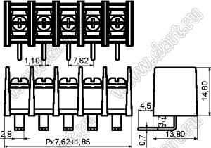 KF25R-7.62-19P-13 (DG25R-B-19P-13) клеммник барьерный, выводы угловые в плату; шаг=7,62мм; I max=20/24А (стандарт UL/ICT); U=300/250В (стандарт UL/ICT); 19-конт.