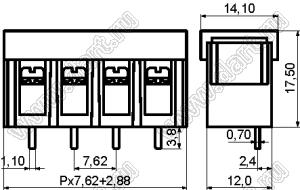 KF28S-7.62-22P-13 (DG28S-B-22P-13) клеммник барьерный, выводы прямые в плату, с крышкой; шаг=7,62мм; I max=20/24А (стандарт UL/ICT); U=300/250В (стандарт UL/ICT); 22-конт.