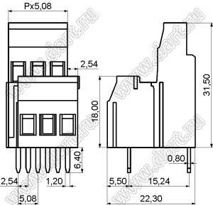 KF129A-5.08-03P-14 клеммник винтовой, двухрядный, прямой; шаг=5,08мм; H=31,50мм; I max=20/24А; U=300/250В; 3-конт.