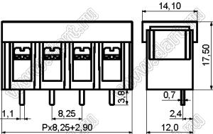 KF38S-8.25-17P-13 (DG38S-B-17P-13) клеммник барьерный, выводы прямые в плату, с крышкой; шаг=8,25мм; I max=20/24А (стандарт UL/ICT); U=300/450В (стандарт UL/ICT); 17-конт.