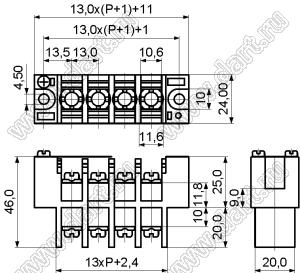 KF37SS-13.0-05P-13 клеммник барьерный, двухсторонние зажимы, корпус с монтажными ушами, с крышкой на винтах; шаг=13мм; I max=50/57А (стандарт UL/ICT); U=600/750В (стандарт UL/ICT); 5-конт.