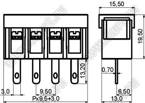 KF48H-05P-13 клеммник барьерный на провод с крышкой; шаг=9,5мм; I max=30/32А (стандарт UL/ICT); U=300/750В (стандарт UL/ICT); 5-позиц.