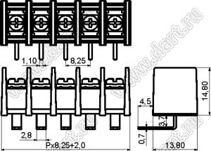 KF35R-8.25-07P-13 (DG35R-B-07P-13) клеммник барьерный, выводы угловые в плату; шаг=8,25мм; I max=20/24А (стандарт UL/ICT); U=300/450В (стандарт UL/ICT); 7-конт.