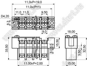 KF27SS-11.0-13P-13 клеммник барьерный, двухсторонние зажимы, шаг 11.00 мм, корпус с монтажными ушами, с крышкой на винтах; шаг=11мм; I max=30/32А (стандарт UL/ICT); U=300/750В (стандарт UL/ICT