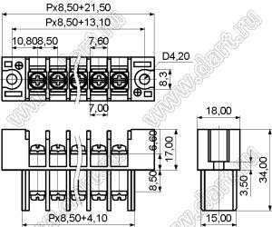 KF17-8.5-05P-13 клеммник барьерный, двухсторонние зажимы, корпус с монтажными ушами; шаг=8,5мм; I max=20/24А (стандарт UL/ICT); U=300/450В (стандарт UL/ICT); 5-конт.