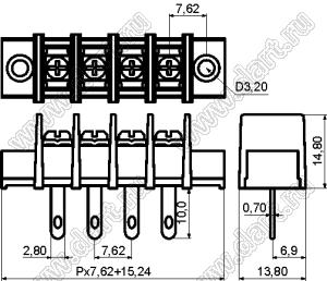 KF25HM-7.62-15P-13 (DG25H-A-15P-13) клеммник барьерный, выводы на провод, корпус с монтажными ушами; шаг=7,62мм; I max=20/24А (стандарт UL/ICT); U=300/250В (стандарт UL/ICT); 15-конт.