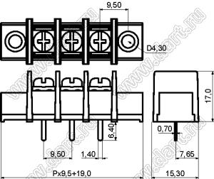 KF45CM-9.5-05P-13 (DG45C-A-05P-13) клеммник барьерный, выводы прямые в плату по центру сечения, корпус с монтажными ушами; шаг=9,5мм; I max=30/32А (стандарт UL/ICT); U=300/750В (стандарт UL/IC