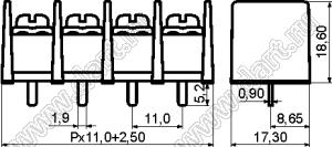 KF65C-11.0-08P-13 (DG65C-B-08P-13) клеммник барьерный, выводы прямые в плату по центру сечения; шаг=11мм; I max=30/32А (стандарт UL/ICT); U=600/750В (стандарт UL/ICT); 8-конт.