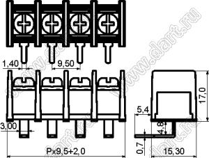 KF45R-9.5-03P-13 (DG45R-B-03P-13) клеммник барьерный, выводы угловые в плату; шаг=9,5мм; I max=30/32А (стандарт UL/ICT); U=300/750В (стандарт UL/ICT); 3-конт.