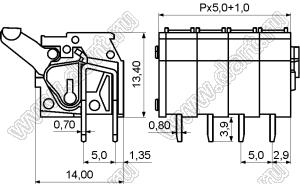 KF242V-5.0-01P-11 клеммник нажимной, прямой; шаг=5мм; H=13,40мм; I max=15/17А; U=300/450В; 1-xx-конт.