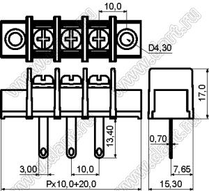 KF55HM-10.0-03P-13 (DG55H-A-03P-13) клеммник барьерный на провод с монтажными ушами; шаг 10мм; 3-позиц.; I max=30А; U=300В