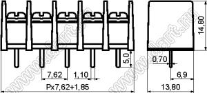 KF25C-7.62-05P-13 (DG25C-B-05P-13) клеммник барьерный, выводы прямые в плату по центру сечения; шаг=7,62мм; I max=20/24А (стандарт UL/ICT); U=300/250В (стандарт UL/ICT); 5-конт.