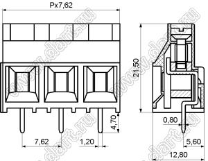 KF7620-7.62-03P-14 клеммник винтовой, однорядный, прямой; шаг=7,62мм; H=21,50мм; I max=30/32А; U=300/450В; 3-конт.