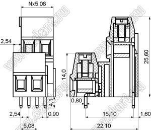 KF128B-5.08-03P-14 клеммник винтовой, двухрядный, прямой; шаг=5,08мм; I max=10/24А; U=300/250В; 3-конт.