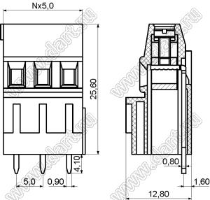 KF128H-5.0-02P-14 клеммник винтовой, однорядный, прямой; шаг=5мм; I max=10/24А; U=300/250В; 2-конт.