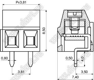 KF128L-3.81-02P-14 клеммник винтовой, однорядный, прямой; шаг=3,81мм; I max=10/10А; U=300/130В; 2-конт.