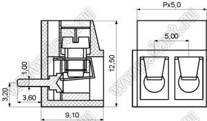 KF300R-5.0-03P-12 клеммник винтовой, однорядный, угловой; шаг=5,00мм; H=9,10мм; I max=16/17А; U=300/250В; 3-конт.