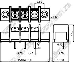 KF45SM-9.5-03P-13 (DG45S-A-03P-13) клеммник барьерный, выводы прямые в плату, корпус с монтажными ушами; шаг=9,5мм; I max=30/32А (стандарт UL/ICT); U=300/750В (стандарт UL/ICT); 3-конт.