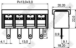 KF78H-13.0-04P-13 клеммник барьерный, выводы на провод, с крышкой; шаг=13мм; I max=30/41А (стандарт UL/ICT); U=600/750В (стандарт UL/ICT); 4-конт.