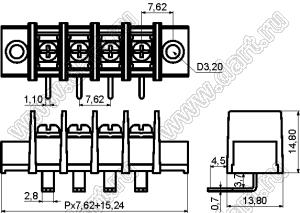 KF25RM-7.62-24P-13 (DG25R-A-24P-13) клеммник барьерный, выводы угловые в плату, корпус с монтажными ушами; шаг=7,62мм; I max=20/24А (стандарт UL/ICT); U=300/250В (стандарт UL/ICT); 24-конт.