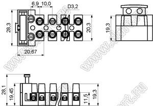 KF801-03P (DG801-3P, FTB10312A) блочный держатель (клеммная колодка с держателем предохранителя) с предохранительной вставкой 3 контакта 10A 450V (18...12AWG); шаг=10мм; I max=20/20А; U=300/45