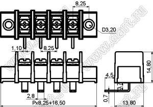 KF35RM-8.25-18P-13 (DG35R-A-18P-13) клеммник барьерный, выводы угловые в плату, корпус с монтажными ушами; шаг=8,25мм; I max=20/24А (стандарт UL/ICT); U=300/450В (стандарт UL/ICT); 18-конт.