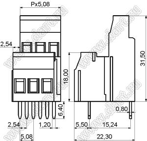 KF129B-5.08-02P-14 клеммник винтовой, двухрядный, прямой; шаг=5,08мм; H=31,50мм; I max=20/24А; U=300/250В; 2-конт.