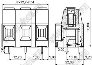 KF136HT-12.7-01P-14 клеммник винтовой, однорядный, прямой; шаг=12,70мм; H=30,80мм; I max=65/57А; U=600/750В; 1-XX-конт.