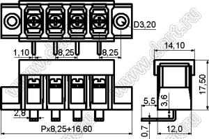 KF38RM-8.25-07P-13 (DG38R-A-07P-13) клеммник барьерный, выводы угловые в плату, корпус с монтажными ушами, с крышкой; шаг=8,25мм; I max=20/24А (стандарт UL/ICT); U=300/450В (стандарт UL/ICT); 