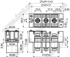 KF67SS-27.0-14P-13 клеммник барьерный, двухсторонние зажимы, корпус с монтажными ушами, с крышкой на винтах; шаг=27мм; I max=170А (стандарт UL/ICT); U=600/1000В (стандарт UL/ICT); 14-конт.