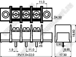 KF65CM-11.0-03P-13 (DG65C-A-03P-13) клеммник барьерный, выводы прямые в плату по центру сечения, корпус с монтажными ушами; шаг=11мм; I max=30/32А (стандарт UL/ICT); U=600/750В (стандарт UL/IC