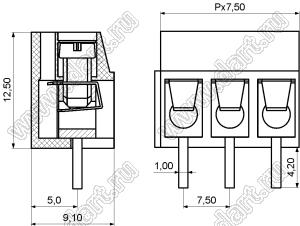 KF370-7.5-03P-12 клеммник винтовой, однорядный, прямой; шаг=7,50мм; H=12,50мм; I max=16/17А; U=300/450В; 3-конт.