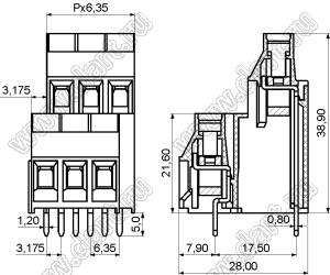 KF635B-6.35-02P-14 клеммник винтовой, двухрядный, прямой; шаг=6,35мм; H=38,90мм; I max=30/32А; U=300/450В; 2-конт.