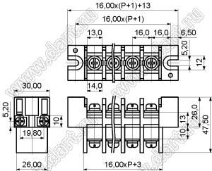 KF47-16.0-04P-13 клеммник барьерный, двухсторонние зажимы, корпус с монтажными ушами; шаг=16мм; I max=65/76А (стандарт UL/ICT); U=600/1000В (стандарт UL/ICT); 4-конт.