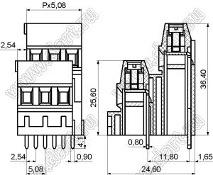 KF128BB-5.08-02P-14 клеммник винтовой, двухрядный, прямой; шаг=5,08мм; I max=10/24А; U=300/250В; 2-конт.