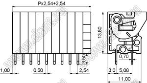 KF141V-2.54-10P-14 (DG141V-2.54-10P-14) клеммник нажимной; шаг=2,54мм; H=13,80мм; I max=2/6А; U=150/130В; 10-позиц.