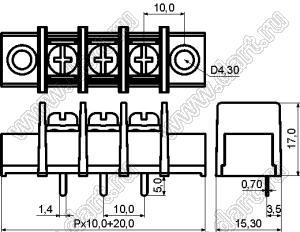 KF55CM-10.0-09P-13 (DG55C-A-09P-13) клеммник барьерный на плату прямой с монтажными ушами; шаг 10мм; 9-позиц.; I max=30А; U=300В