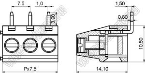 KF128R-7.50-03P-14 клеммник винтовой, однорядный, угловой; шаг=7,50мм; I max=10/24А; U=300/450В (стандарт UL/ICE); 3-конт.