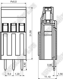 KF129H-5.0-02P-14 клеммник винтовой, однорядный, прямой; шаг=5,00мм; H=31,50мм; I max=20/24А; U=300/250В; 2-конт.