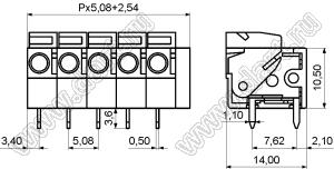 KF142R-5.08-09P-14 (DG142R-5.08-09P-14) клеммник нажимной; шаг=5,08мм; H=10,50мм; I max=10/15А; U=300/250В; 9-позиц.