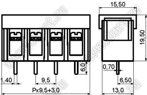 KF48C-9.5-11P-13 (DG48C-B-11P-13) клеммник барьерный, выводы прямые в плату по центру сечения, с крышкой; шаг=9,5мм; I max=30/32А (стандарт UL/ICT); U=300/750В (стандарт UL/ICT); 11-конт.