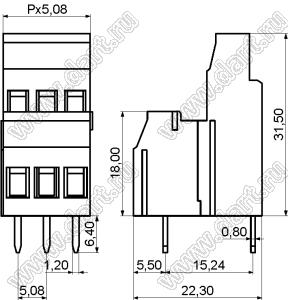 KF129C-5.08-02P-14 клеммник винтовой, двухрядный, прямой; шаг=5,08мм; H=31,50мм; I max=20/24А; U=300/250В; 2-конт.