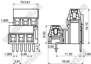 KF128B-3.81-03P-14 клеммник винтовой, двухрядный, прямой; шаг=3,81мм; I max=10/10А; U=300/130В; 3-конт.