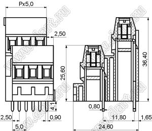 KF128AA-5.0-03P-14 клеммник винтовой, двухрядный, прямой; шаг=5мм; I max=10/20А; U=300/250В; 3-конт.