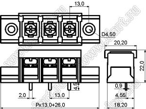 KF78SM-13.0-19P-13 клеммник барьерный, выводы прямые в плату, корпус с монтажными ушами, с крышкой; шаг=13мм; I max=30/41А (стандарт UL/ICT); U=600/750В (стандарт UL/ICT); 19-конт.