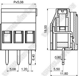 KF129L-5.08-03P-14 клеммник винтовой, однорядный, прямой; шаг=5,08мм; H=18,00мм; I max=20/24А; U=300/250В; 3-конт.